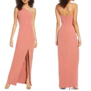 NWT WAYF The Lenore One Shoulder Column Dress Peony Pink Peach High Slit Gown